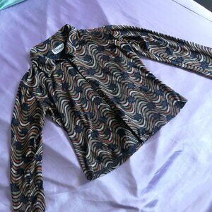 Tan brown swirly pattern shirt with floral lace cutout and button detail